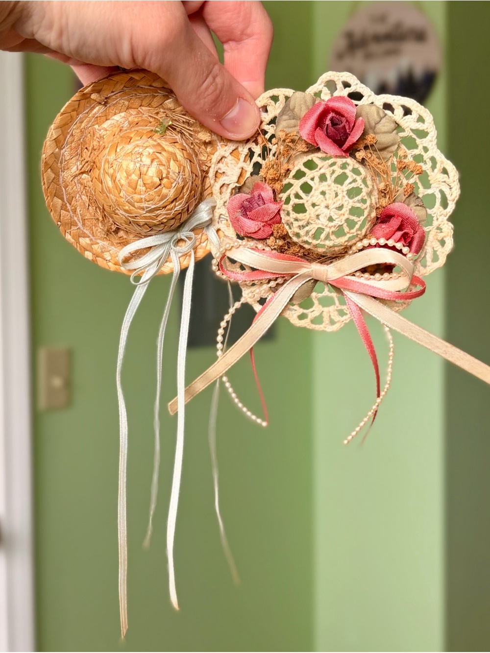 Handmade Straw & Crochet Floral Hat Brooch - Pink Accent
